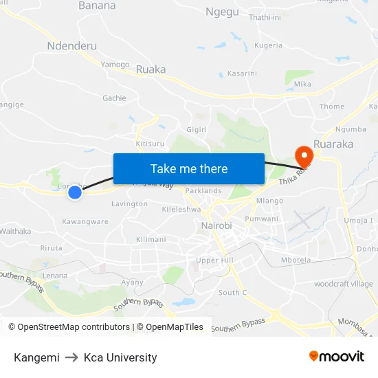 Kangemi to Kca University map