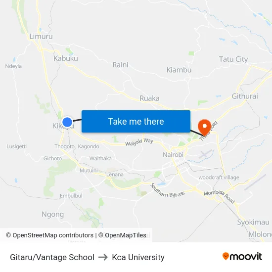 Gitaru/Vantage School to Kca University map