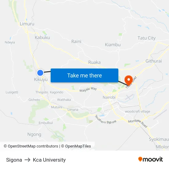 Sigona to Kca University map
