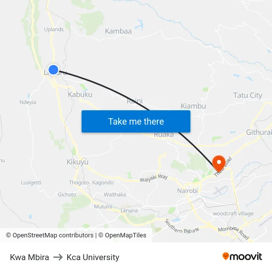 Kwa Mbira to Kca University map