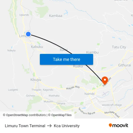 Limuru Town Terminal to Kca University map