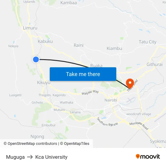 Muguga to Kca University map
