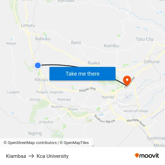 Kiambaa to Kca University map