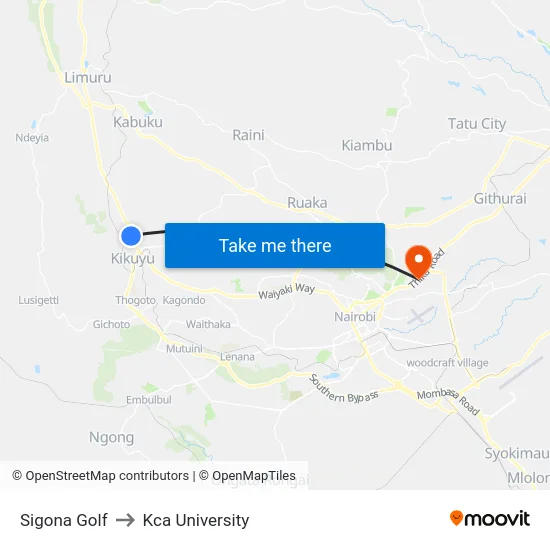 Sigona Golf to Kca University map