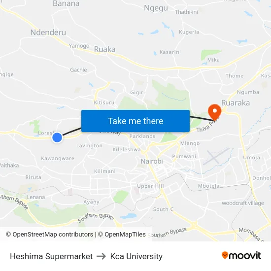 Heshima Supermarket to Kca University map