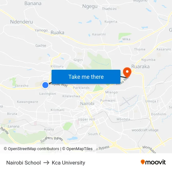Nairobi School to Kca University map