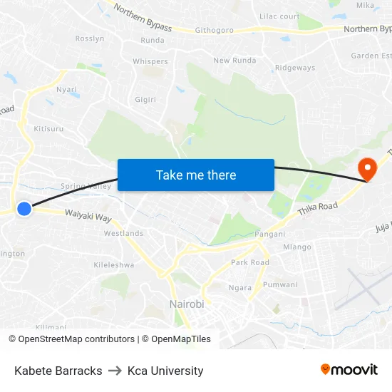 Kabete Barracks to Kca University map