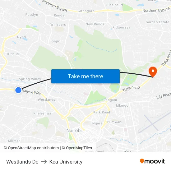 Westlands Dc to Kca University map