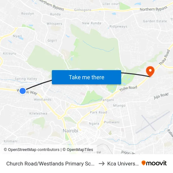 Church Road/Westlands Primary School to Kca University map