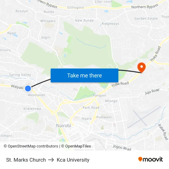 St. Marks Church to Kca University map