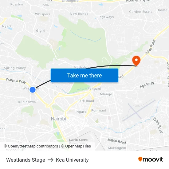Westlands Stage to Kca University map