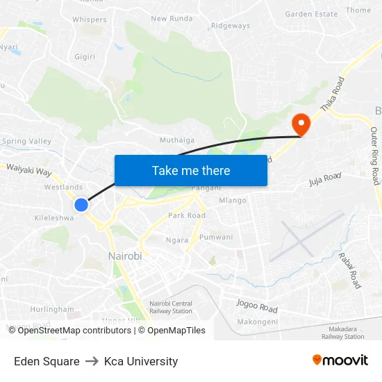 Eden Square to Kca University map