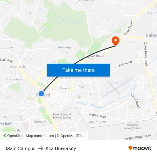 Main Campus to Kca University map