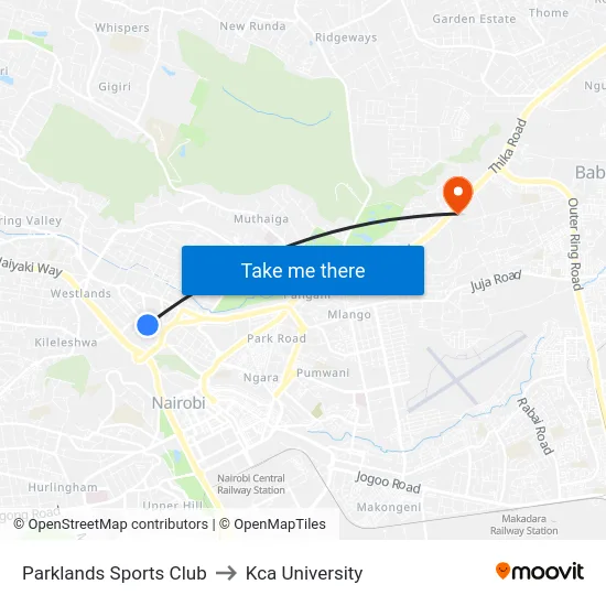 Parklands Sports Club to Kca University map