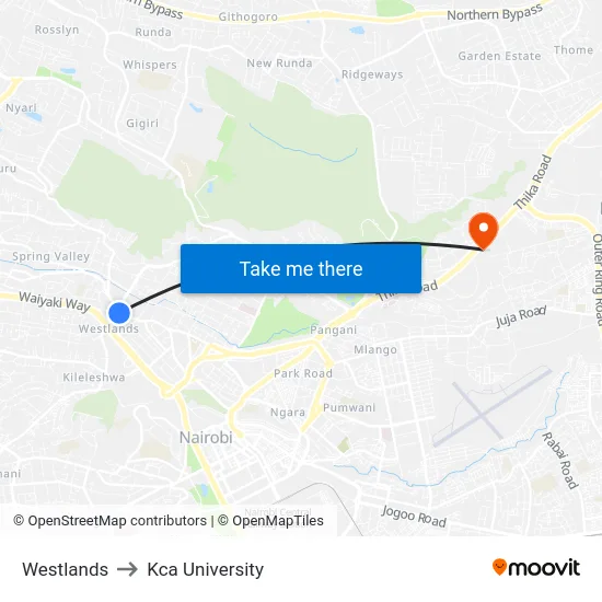 Westlands to Kca University map