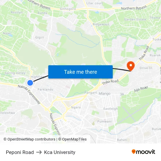 Peponi Road to Kca University map
