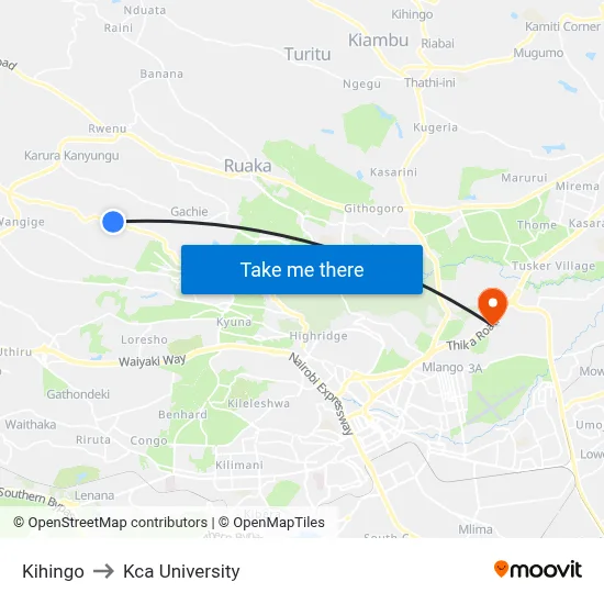 Kihingo to Kca University map