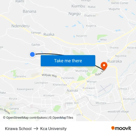 Kirawa School to Kca University map