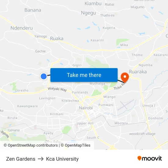 Zen Gardens to Kca University map