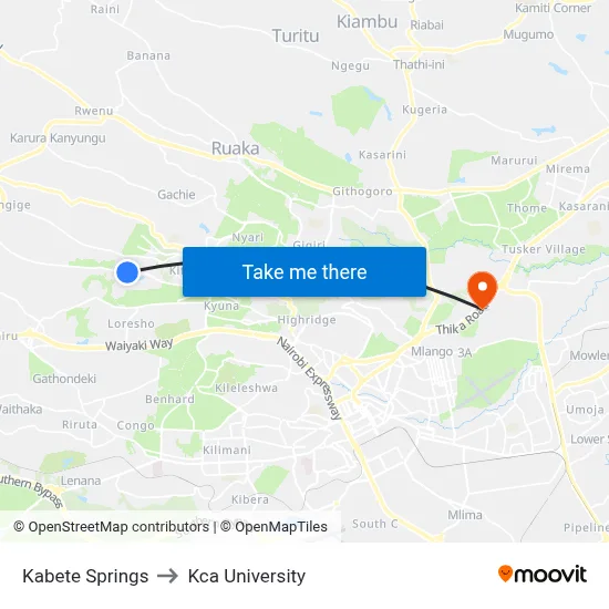 Kabete Springs to Kca University map