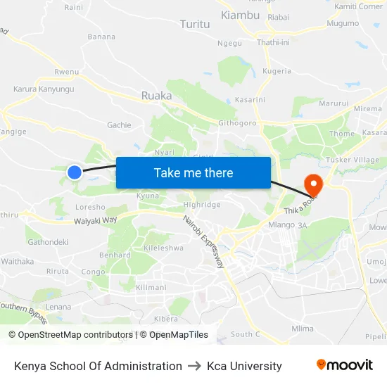 Kenya School Of Administration to Kca University map