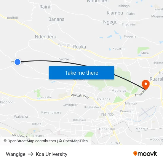 Wangige to Kca University map