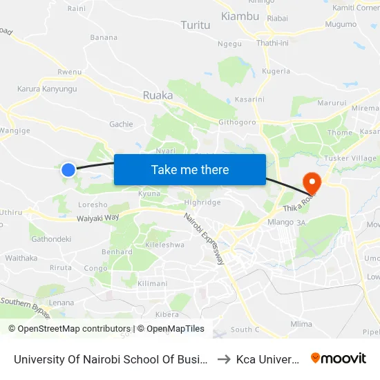 University Of Nairobi School Of Business to Kca University map