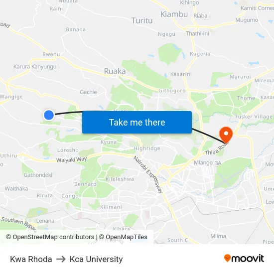 Kwa Rhoda to Kca University map