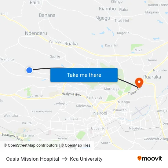 Oasis Mission Hospital to Kca University map
