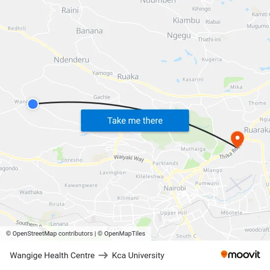 Wangige Health Centre to Kca University map