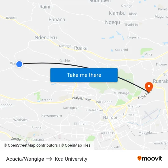 Acacia/Wangige to Kca University map
