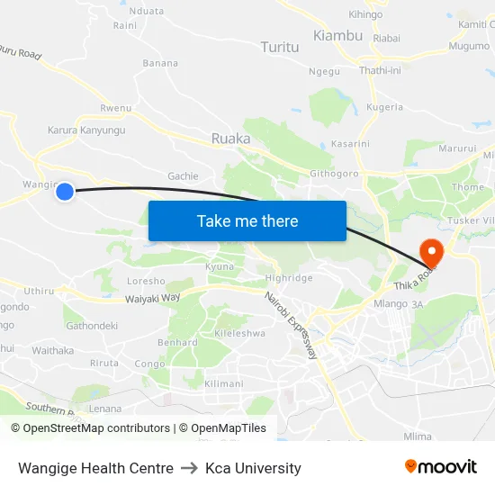 Wangige Health Centre to Kca University map