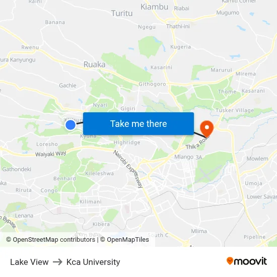 Lake View to Kca University map