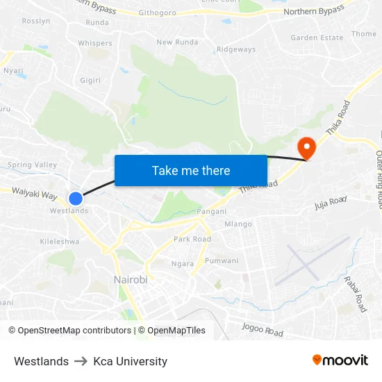 Westlands to Kca University map