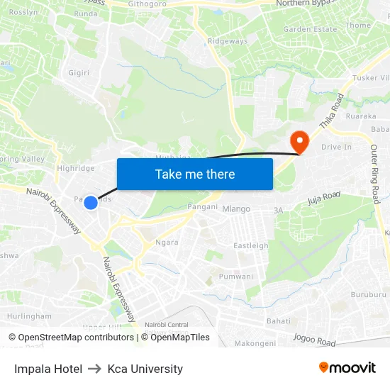 Impala Hotel to Kca University map
