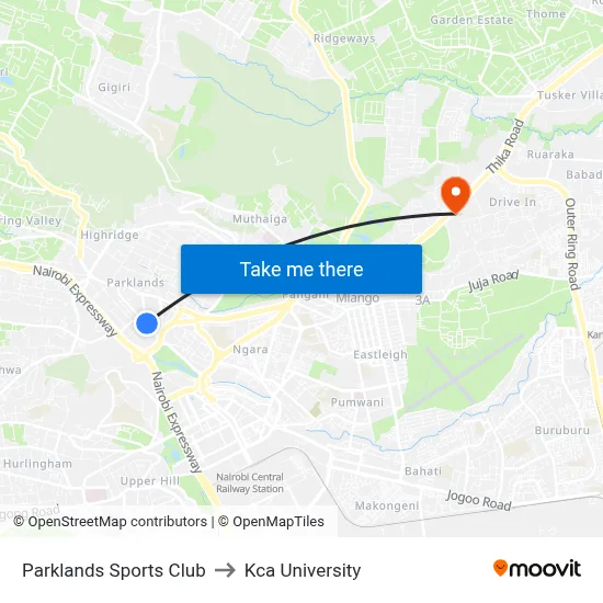 Parklands Sports Club to Kca University map