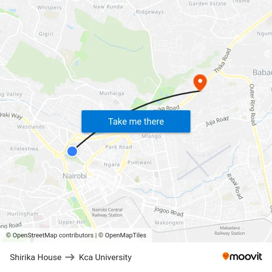 Shirika House to Kca University map