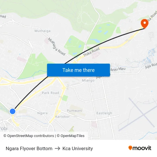 Ngara Flyover Bottom to Kca University map