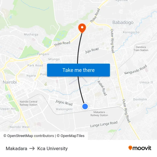 Makadara to Kca University map