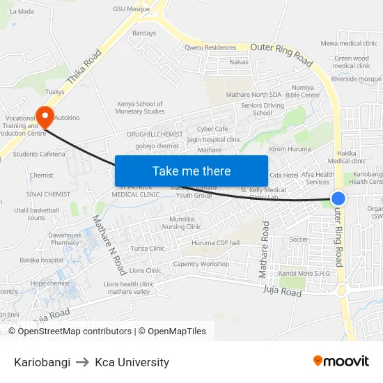 Kariobangi to Kca University map