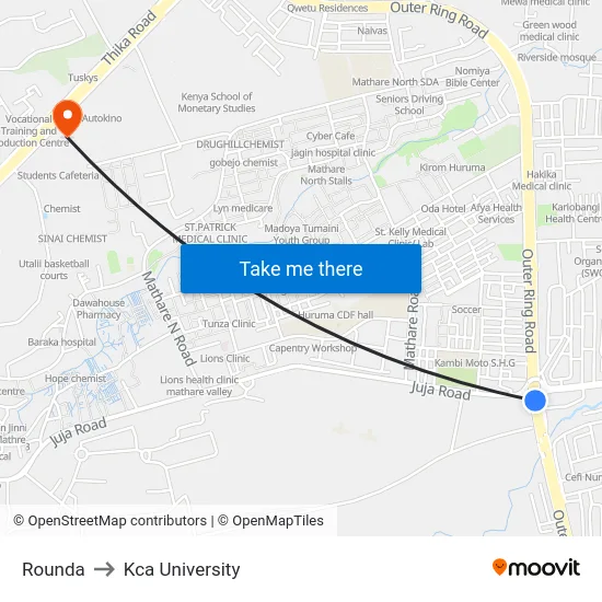 Rounda to Kca University map