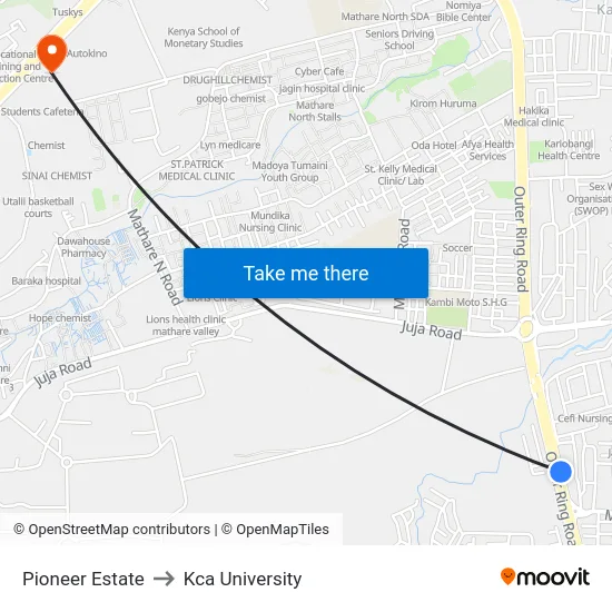 Pioneer Estate to Kca University map