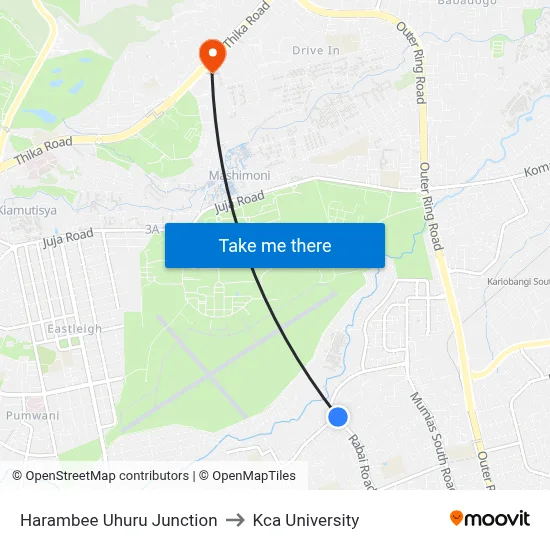 Harambee Uhuru Junction to Kca University map