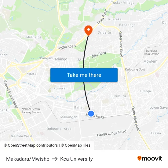 Makadara/Mwisho to Kca University map