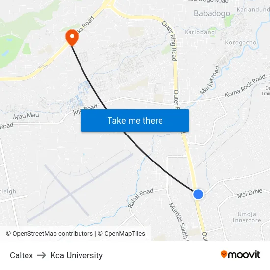 Caltex to Kca University map