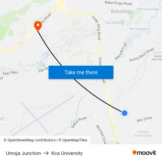Umoja Junction to Kca University map