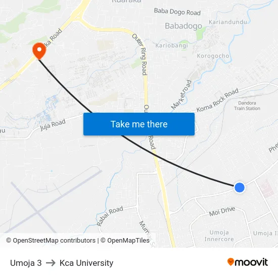 Umoja 3 to Kca University map