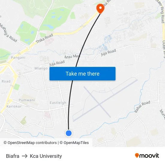 Biafra to Kca University map