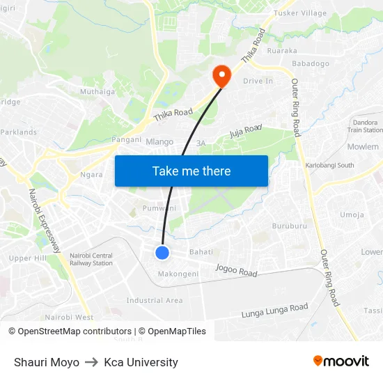 Shauri Moyo to Kca University map