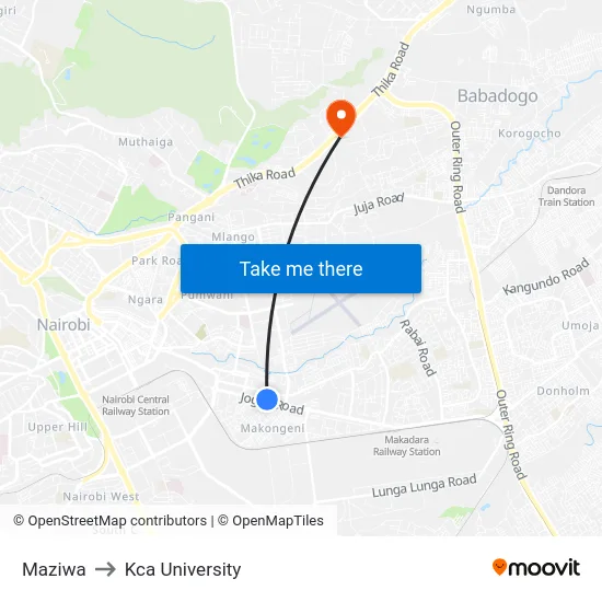 Maziwa to Kca University map